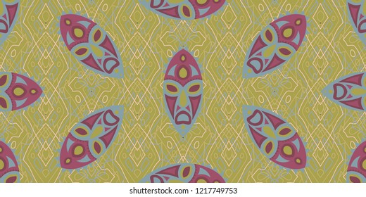 Seamless Folk Pattern. Ethnic Seamless Pattern with Color Trible Ritual Masks for Print, Fabric, Textile.  Retro Folk