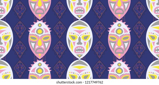 Seamless Folk Pattern. Ethnic Seamless Pattern with Color Trible Ritual Masks for Wallpaper, Print, Cotton. Vintage Folk
