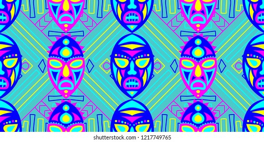 Seamless Folk Pattern. Ethnic Seamless Pattern with Color Trible Ritual Masks for Dress, Paper, Tablecloth. Modern Abstract Motif with Colorful Scary Masks for your Design. Vector Texture.