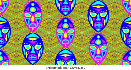 Seamless Folk Pattern. Ethnic Seamless Pattern with Color Trible Ritual Masks for Wallpaper, Fabric, Print. Trendy Abstract Motif with Colorful Scary Masks for your Design. Vector Texture.