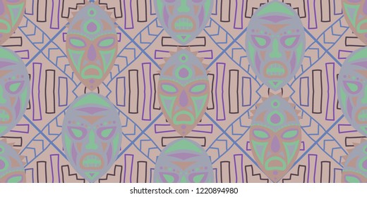 Seamless Folk Pattern. Ethnic Seamless Pattern with Color Trible Ritual Masks for Print, Fabric, Textile.  Trendy Folk