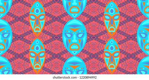 Seamless Folk Pattern. Ethnic Seamless Pattern with Color Trible Ritual Masks for Wallpaper, Cotton, Textile. Trendy Abstract Motif with Colorful Scary Masks for your Design. Vector Texture.