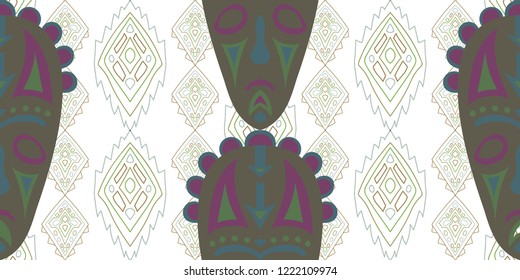 Seamless Folk Pattern. Ethnic Seamless Pattern with Color Trible Ritual Masks for Wallpaper, Cotton, Textile. Modern Abstract Back