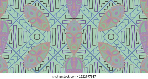 Seamless Folk Pattern. Ethnic Seamless Pattern with Color Trible Ritual Masks for Print, Fabric, Textile. Modern Folk