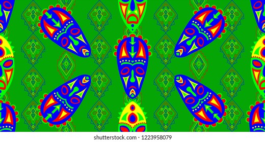 Seamless Folk Pattern. Ethnic Seamless Pattern with Color Trible Ritual Masks for Chintz, Linen, Wallpaper. Retro Abstract Motif with Colorful Scary Masks for your Design. Vector Texture.