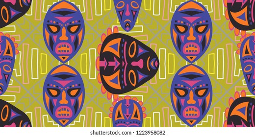 Seamless Folk Pattern. Ethnic Seamless Pattern with Color Trible Ritual Masks for Dress, Paper, Tablecloth. Trendy Abstract Motif with Colorful Scary Masks for your Design. Vector Texture.