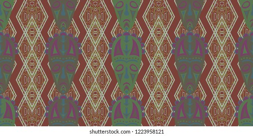 Seamless Folk Pattern. Ethnic Seamless Pattern with Color Trible Ritual Masks for Dress, Curtain, Paper. Trendy Abstract Motif with Colorful Scary Masks for your Design. Vector Texture.