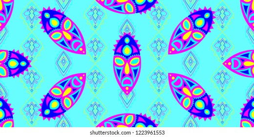 Seamless Folk Pattern. Ethnic Seamless Pattern with Color Trible Ritual Masks for Chintz, Linen, Paper. Retro Abstract Motif with Colorful Scary Masks for your Design. Vector Texture.