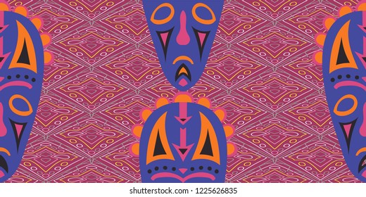 Seamless Folk Pattern. Ethnic Seamless Pattern with Color Trible Ritual Masks for Wallpaper, Cotton, Textile. Trendy Folk