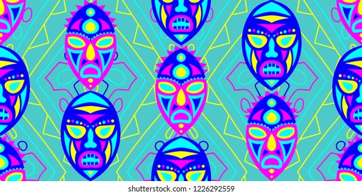 Seamless Folk Pattern. Ethnic Seamless Pattern with Color Trible Ritual Masks for Wallpaper, Fabric, Textile. Vintage Abstract Back