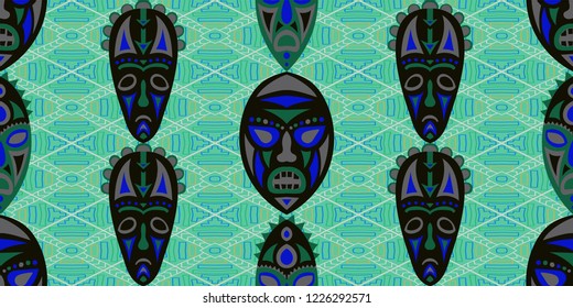 Seamless Folk Pattern. Ethnic Seamless Pattern with Color Trible Ritual Masks for Dress, Paper, Tablecloth. Modern Folk