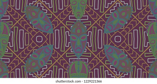 Seamless Folk Pattern. Ethnic Seamless Pattern with Color Trible Ritual Masks for Wallpaper, Fabric, Textile. Vintage Abstract Motif with Colorful Scary Masks for your Design. Vector Texture.