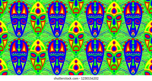 Seamless Folk Pattern. Ethnic Seamless Pattern with Color Trible Ritual Masks for Chintz, Curtain, Paper. Vintage Folk
