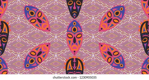 Seamless Folk Pattern. Ethnic Seamless Pattern with Color Trible Ritual Masks for Print, Fabric, Textile.  Retro Abstract Back