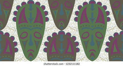 Seamless Folk Pattern. Ethnic Seamless Pattern with Color Trible Ritual Masks for Calico, Print, Textile. Trendy Abstract Motif with Colorful Scary Masks for your Design. Vector Texture.