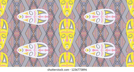 Seamless Folk Pattern. Ethnic Seamless Pattern with Color Trible Ritual Masks for Print, Fabric, Textile. Modern Abstract Motif with Colorful Scary Masks for your Design. Vector Texture.