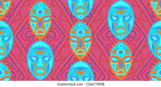 Seamless Folk Pattern. Ethnic Seamless Pattern with Color Trible Ritual Masks for Dress, Curtain, Paper. Vintage Abstract Back