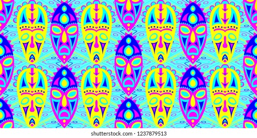 Seamless Folk Pattern. Ethnic Seamless Pattern with Color Trible Ritual Masks for Wallpaper, Cotton, Textile. Trendy Abstract Motif with Colorful Scary Masks for your Design. Vector Texture.