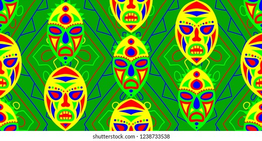 Seamless Folk Pattern. Ethnic Seamless Pattern with Color Trible Ritual Masks for Print, Cloth, Fabric. Vintage Folk