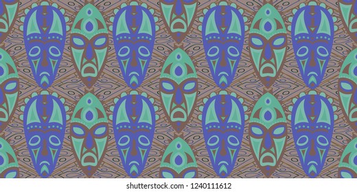 Seamless Folk Pattern. Ethnic Seamless Pattern with Color Trible Ritual Masks for Print, Cloth, Textile. Vintage Folk