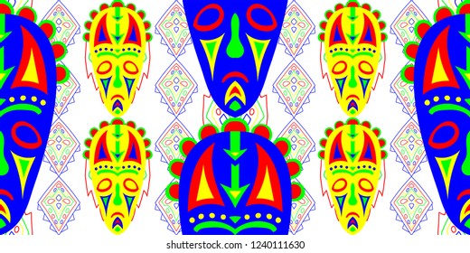 Seamless Folk Pattern. Ethnic Seamless Pattern with Color Trible Ritual Masks for Print, Fabric, Textile.  Trendy Abstract Back