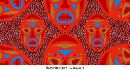 Seamless Folk Pattern. Ethnic Seamless Pattern with Color Trible Ritual Masks for Cotton, Calico, Textile. Modern Abstract Motif with Colorful Scary Masks for your Design. Vector Texture.