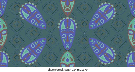 Seamless Folk Pattern. Ethnic Seamless Pattern with Color Trible Ritual Masks for Wallpaper, Fabric, Textile. Retro Abstract Back
