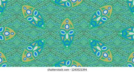 Seamless Folk Pattern. Ethnic Seamless Pattern with Color Trible Ritual Masks for Print, Cloth, Textile. Retro Abstract Back
