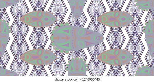 Seamless Folk Pattern. Ethnic Seamless Pattern with Color Trible Ritual Masks for Linen, Paper, Tablecloth. Modern Abstract Motif with Colorful Scary Masks for your Design. Vector Texture.