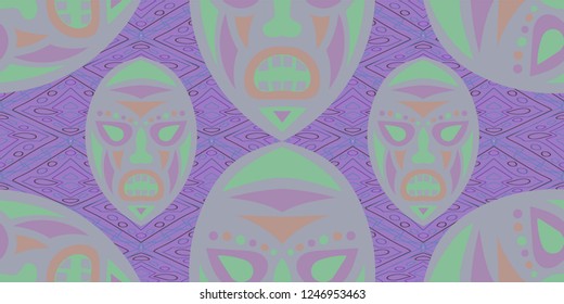 Seamless Folk Pattern. Ethnic Seamless Pattern with Color Trible Ritual Masks for Wallpaper, Cotton, Textile. Retro Folk