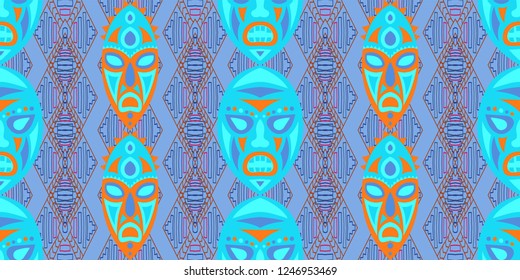 Seamless Folk Pattern. Ethnic Seamless Pattern with Color Trible Ritual Masks for Calico, Print, Textile. Modern Folk