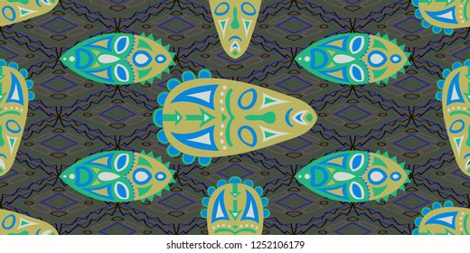 Seamless Folk Pattern. Ethnic Seamless Pattern with Color Trible Ritual Masks for Chintz, Linen, Wallpaper. Retro Folk