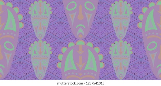Seamless Folk Pattern. Ethnic Seamless Pattern with Color Trible Ritual Masks for Print, Fabric, Textile.  Vintage Abstract Motif with Colorful Scary Masks for your Design. Vector Texture.