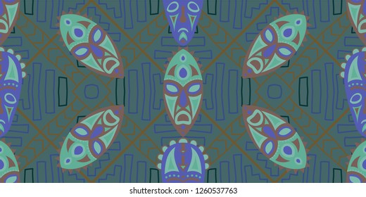 Seamless Folk Pattern. Ethnic Seamless Pattern with Color Trible Ritual Masks for Linen, Paper, Tablecloth. Vintage Abstract Motif with Colorful Scary Masks for your Design. Vector Texture.