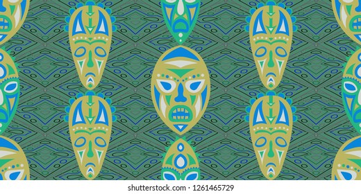 Seamless Folk Pattern. Ethnic Seamless Pattern with Color Trible Ritual Masks for Wallpaper, Fabric, Print. Retro Abstract Back