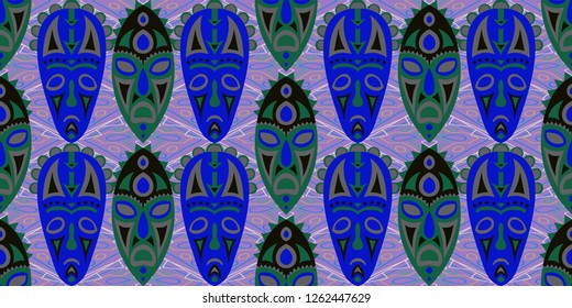 Seamless Folk Pattern. Ethnic Seamless Pattern with Color Trible Ritual Masks for Wallpaper, Cotton, Textile. Vintage Folk
