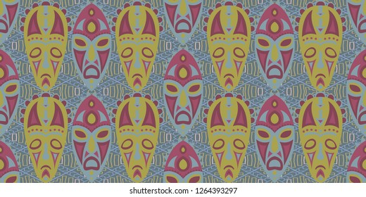 Seamless Folk Pattern. Ethnic Seamless Pattern with Color Trible Ritual Masks for Wallpaper, Fabric, Textile. Trendy Abstract Motif with Colorful Scary Masks for your Design. Vector Texture.