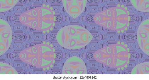 Seamless Folk Pattern. Ethnic Seamless Pattern with Color Trible Ritual Masks for Wallpaper, Cotton, Textile. Modern Abstract Motif with Colorful Scary Masks for your Design. Vector Texture.
