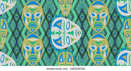 Seamless Folk Pattern. Ethnic Seamless Pattern with Color Trible Ritual Masks for Cotton, Calico, Textile. Modern Abstract Back