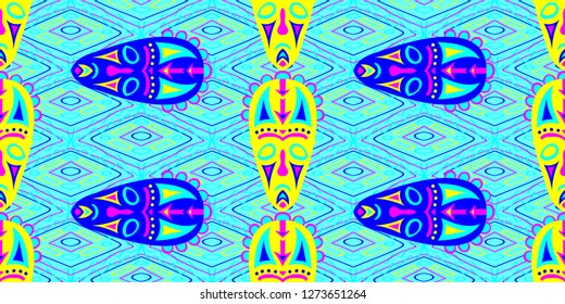 Seamless Folk Pattern. Ethnic Seamless Pattern with Color Trible Ritual Masks for Dress, Curtain, Tablecloth. Modern Abstract Back