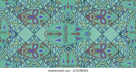 Seamless Folk Pattern. Ethnic Seamless Pattern with Color Trible Ritual Masks for Print, Cloth, Textile. Vintage Folk