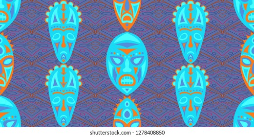 Seamless Folk Pattern. Ethnic Seamless Pattern with Color Trible Ritual Masks for Wallpaper, Print, Cotton. Vintage Abstract Motif with Colorful Scary Masks for your Design. Vector Texture.