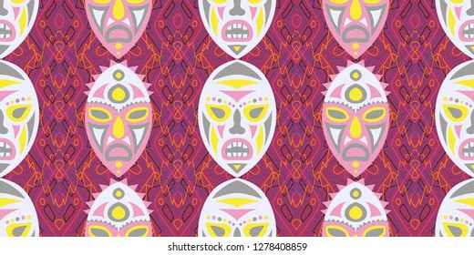 Seamless Folk Pattern. Ethnic Seamless Pattern with Color Trible Ritual Masks for Linen, Paper, Tablecloth. Vintage Folk