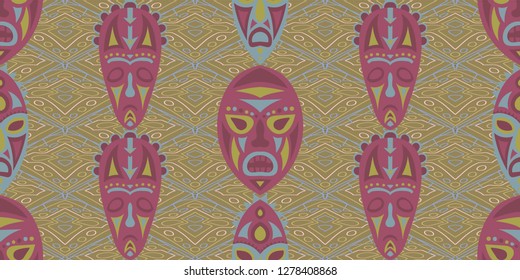 Seamless Folk Pattern. Ethnic Seamless Pattern with Color Trible Ritual Masks for Print, Cloth, Fabric. Vintage Abstract Back