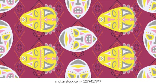 Seamless Folk Pattern. Ethnic Seamless Pattern with Color Trible Ritual Masks for Wallpaper, Fabric, Print. Retro Folk