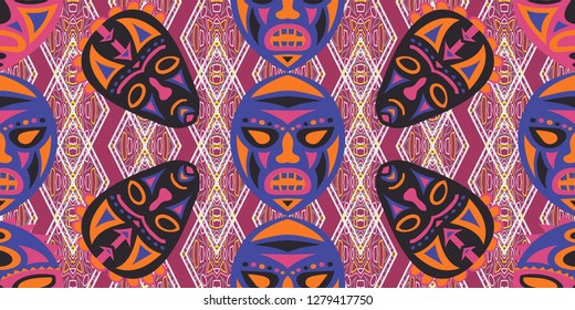 Seamless Folk Pattern. Ethnic Seamless Pattern with Color Trible Ritual Masks for Dress, Paper, Tablecloth. Trendy Abstract Back