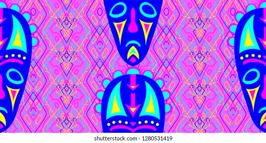 Seamless Folk Pattern. Ethnic Seamless Pattern with Color Trible Ritual Masks for Wallpaper, Print, Cotton. Modern Folk