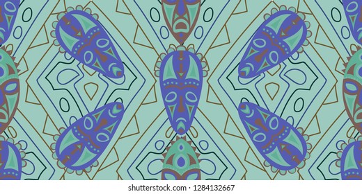 Seamless Folk Pattern. Ethnic Seamless Pattern with Color Trible Ritual Masks for Dress, Curtain, Paper. Vintage Abstract Back