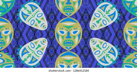 Seamless Folk Pattern. Ethnic Seamless Pattern with Color Trible Ritual Masks for Dress, Curtain, Paper. Retro Folk