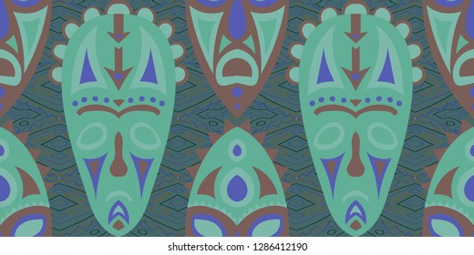 Seamless Folk Pattern. Ethnic Seamless Pattern with Color Trible Ritual Masks for Wallpaper, Fabric, Print. Modern Abstract Motif with Colorful Scary Masks for your Design. Vector Texture.